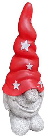 Aspinaworld Nain de jardin portant un bonnet rouge avec étoiles - 27 cm - Figurine pour le jardin - Résistante aux intempéries