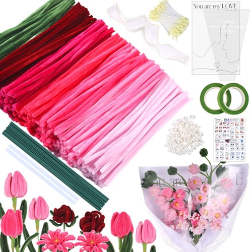 MKLG 385 Stück Pfeifenreiniger Blumen Set, Pfeifenputzer Blumen Zum Basteln, Mit Grüne Blumenstöcke, Klebebandrollen, Klebestifte, Anleitungen, Blumenstraußverpackungen, Bänder, Staubgefäße etc