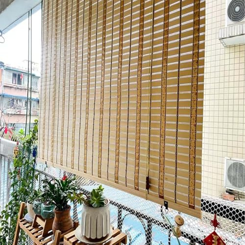Bambus Rollos Outdoor Bambusrollo Wasserdicht PVC Bambus Jalousie Raffrollo Sonnenschutz Sichtschutz Rollo 50-150cm Breit 90% Verdunkelung Raffrollo Bambus Wetterfest Aussen Anti-UV(W80xH160cm)