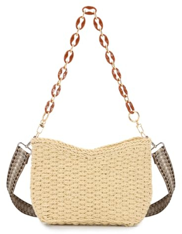 HomKuch Bolso de paja de verano para mujeres bolso tejido de moda de verano con cadena y bolso de hombro único