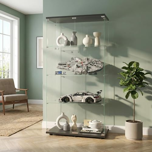 KOOPMAD Glasvitrine Standvitrine,Glas Vitrine mit 4 Etagen,Glasvitrine Stehend mit 2 Glastüren abschließbar,Glas Vitrinenschrank,Sammlervitrine,Für Wohnzimmer,Schlafzimmer, Schwarz