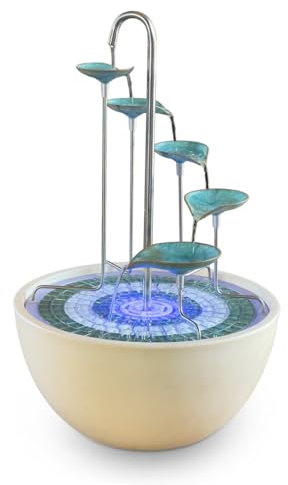 HYDRIA Large 45cm Verdigris Leaf Cascade Indoor Outdoor Water Feature, Battery Powered Fountain includes Glass Mosaic, Porcelain Bowl, Up to 100 Hours per Charge USB Charging, British Brand, Wireless