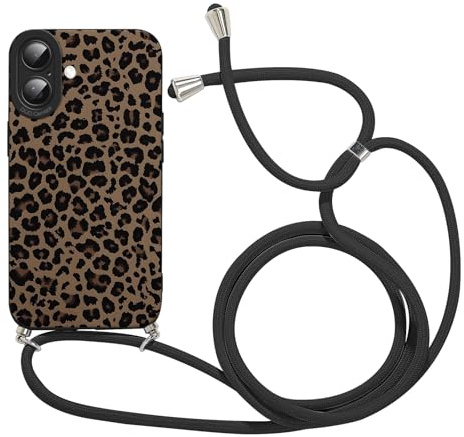 Xylota Coque pour iPhone 16 6,1'' avec Cordon, Aesthetic Motif Etui avec Réglable Collier Corde, Silicone Caméra Protection Portable Lanyard Antichoc Housse Bumper Case pour iPhone 16, Léopard 01