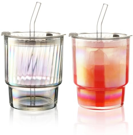 Wythex 2 vasos de 400 ml con tapa y pajita, herméticos y resistentes al agua, juego de vasos de cristal para capuchino, café con leche, té, helado, té helado, leche y zumo