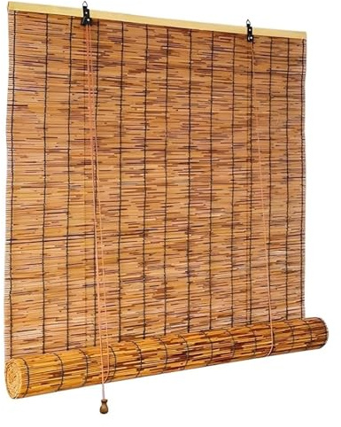 MMleYN Bambusrollo Aussenbereich Wetterfest Bambus Raffrollo Rollo Jalousine Für Fenster 50-160cm Breit Anpassbar Retro Schilf Vorhang Mit Lift Für Pergola Patio Veranda Carport