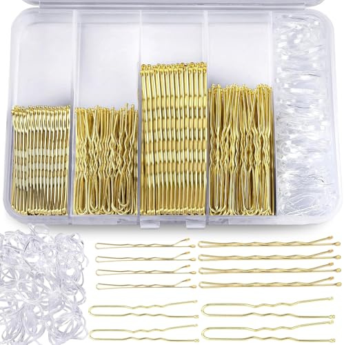 Aucuu 300 st Bobby Pins kit, 100 guldvågade hårnålar (50 st L + 50 st S), 100 guld U-formade hårnålar (50 st L+50 st S), 100 vita elastiska band, med förvaringsbox, för alla H-Air-typer