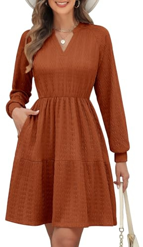 PASUDA Långärmad stickad damklänning V-ringad elastisk midja midi-klänningar en linje blommig chiffong babydoll tunika jumper klänningar knälång vår höst klänningar vardaglig fest semester, Brun, L