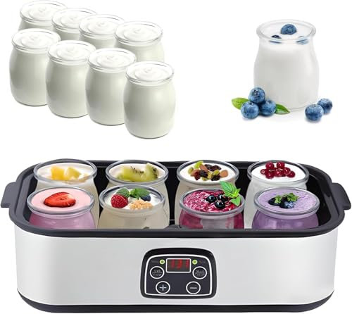 Yogurtera automática definitiva de 1400 ml, con 8 tarrinas de Cristal de 180 ml, Control de Temperatura y Tiempo Ajustables, Yogur probiótico con Pantalla LCD