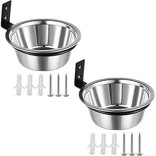2Pcs Wall Mounted Dog Bowl Hanging Dog Food Bowls Stainless Steel Puppy Feeder Water Dispenser with Foldable Holder for Pet Cat Dogs (M)