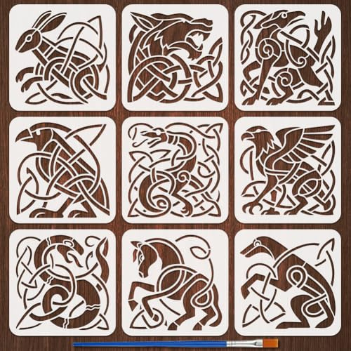 FINGERINSPIRE 9 Stück Keltische Knoten Tiere Kunststoff Malschablone Mit Pinsel 20x20cm Große Zeichenvorlagen Dekorative Schablonen Mit Abstrakten Tieren Zum Selbermachen Basteln Und Heimdekoration