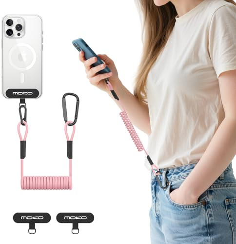 MoKo Anti-Theft Phone Tether Retractable Phone Lanyard with Carabiner Clip | Inner Sturdy Copper Wire Phone Harness Leash with 360° Metal Tether Tabsfor Hiking Skiing Fishing Kayaking, Pink