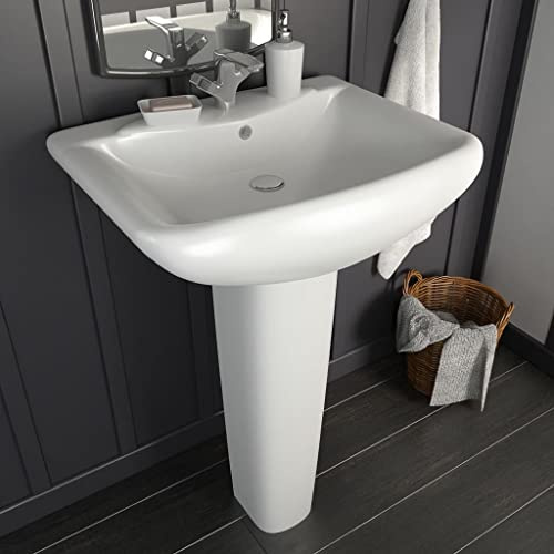 QJBSAVVA Lavabo autoportante con colonna in ceramica smaltata bianca 580x470x200 mm Design moderno con troppopieno per bagno e lavanderia