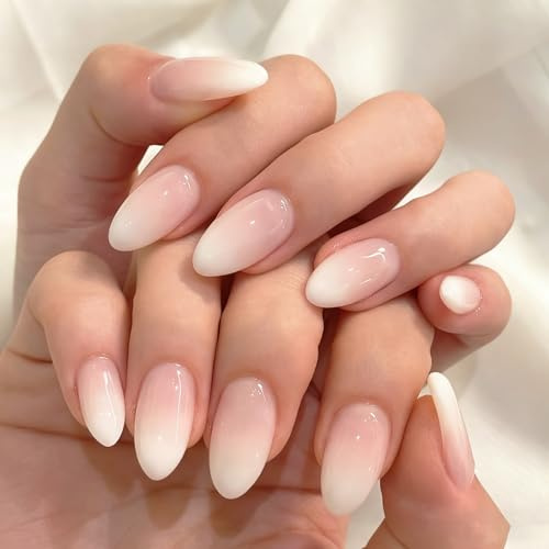 24 Stück Press on Nails Künstliche Nägel - Weiß Rosa Gradient Nägel zum Aufkleben, Fake Nails Fingernägel zum Aufkleben Full Cover Acrylnägel für Frauen Mädchen Nail Art Maniküre (Rosa Farbverlauf)