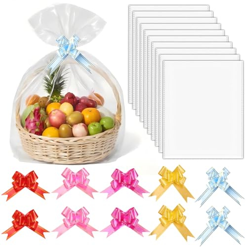 Vuemhjaey 10 pellicole trasparenti da regalo, 60 x 90 cm, con fiocchi, ideali per cesti regalo, fiori, artigianato e matrimonio, pellicola trasparente e sacchetti per imballaggi (trasparenza, 60 x 90)