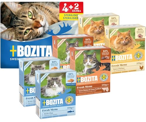 Bozita Confezione da prova di cibo umido per gatti sterilizzati 4 + 2 Tetra Mixpack tappi 6 x 370 g – senza cereali o zuccheri o coloranti – Saibling in salsa, molto pollo in salsa e manzo e molto