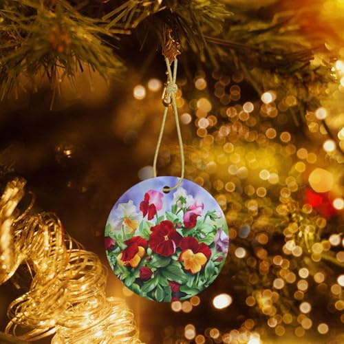 Poezjzw Pansy Perfection Pattern Ceramic Round-Shaped Christmas Tree Ornaments, Family New Year Home Souvenirs For Gatherings