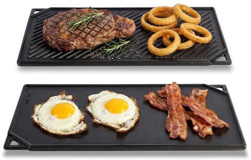 BBQration Reversible Cast Iron Griddle, 16.75 x 9.5 Stove Top Griddle Reversible Griddle Plate, Rectangular Flat and Ribbed Stovetop Griddle, Double Burner Flat Top Griddle Pan for Gas Grill