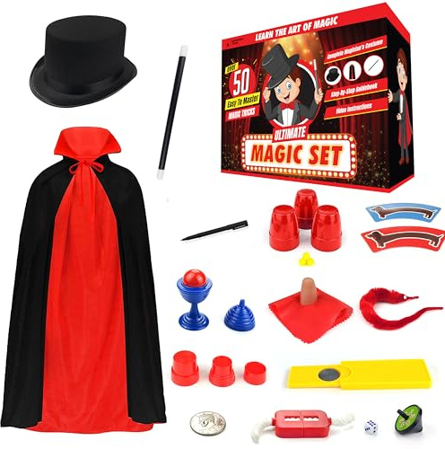 BLOONSY Magic Tricks for Kids Age 6-8, Magic Kit with Magician Costume | 50+ Magic Tricks, Magic Set with Cape, Hat and Wand, Easy-to-Follow Guide and Video Instructions for Pretend Play