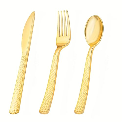 YXC.NAWAGUDO 75 Stück Mehrweg Plastikbesteck Set,Plastikbesteck,Party Besteck Plastik 25 Plastikmesser&25Gabeln&25 Löffel Wiederverwendbaren Plastikbesteck für Hochzeit Geburtstag Weihnachten (Gold)