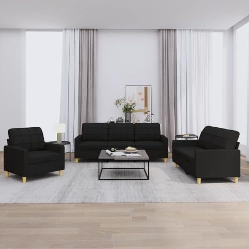 Refined Sofagarnitur Sessel Couch Sofa Wohnzimmersofa mit Armlehnen Couchgarnitur Designsofa Sitzmöbel Polstermöbel 3-TLG. Sofagarnitur mit Kissen Schwarz Stoff