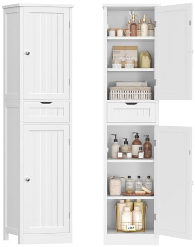 SLINEMO Badezimmerschrank Schmal, Badschrank mit 2 Türen & 1 Schublade, Hochschrank mit Verstellbaren Regalen für Badezimmer, Wohnzimmer, Flur, Küche - 40 x 30 x 170 cm - Weiß