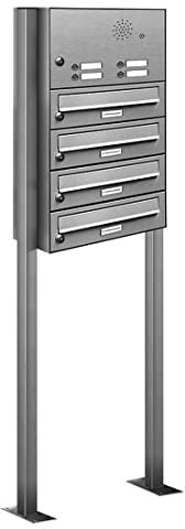 AL Briefkastensysteme 4er Briefkasten mit Klingel als Standbriefkasten, 4 Fach Briefkastenanlage in Edelstahl rostfrei Postkasten modern