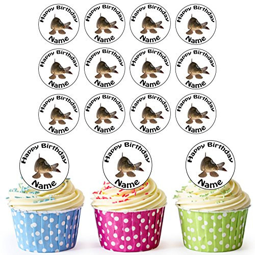 AK Giftshop Fishing Carp Fish 24 Personalised Edible Cupcake Toppers/Birthday Cake Decorations - Easy Precut Circles