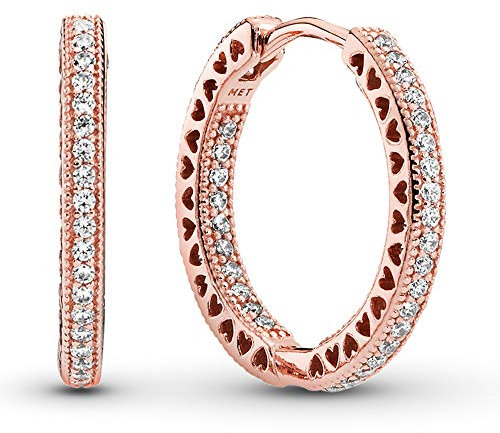 Pandora Signature Women's 14k Rose Gold-Plated Sparkle and Hearts Cubic Zirconia Hoop Earrings, No Box