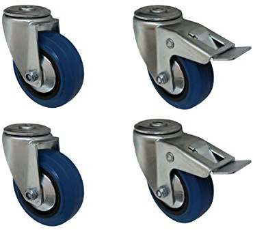 Set 125 mm Blue Wheels Elastik Rad Rolle 2x als Lenkrolle + 2x als Lenkrolle mit Totalstop Rückenlochbefestigung