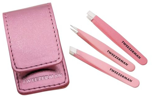 Tweezerman Pink Micro Mini Tweezer Set, Includes 3 Micro Mini Tweezers - Slant, Straight & Point, and a Pink Protective Travel Case, (Pack of 3)