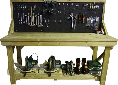 Workbench With Pegboard - 46 Piece Peg Kit INCLUDED - Heavy Duty - Pressure Treated - Handmade Garage Workshop Work Table (4ft)