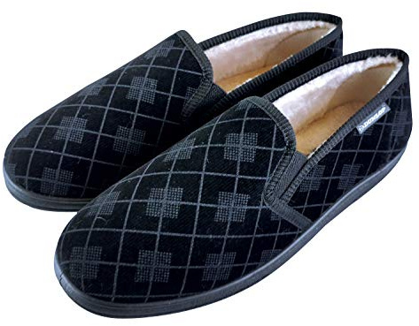 Dunlop - Homme Confortables Eponge Memory Foam Fourrées Peluche Plaid Chaussons Pantoufles Mocassin (43 EU, Black)
