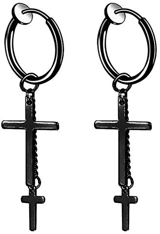 JewelryWe Schmuck Herren Damen Ohrringe Edelstahl Ohrstecker doppelt Kreuz Kette Hängend Huggie Creolen Ohrringe Ohr-Piercing Ohrhänger, Schwarz Silber