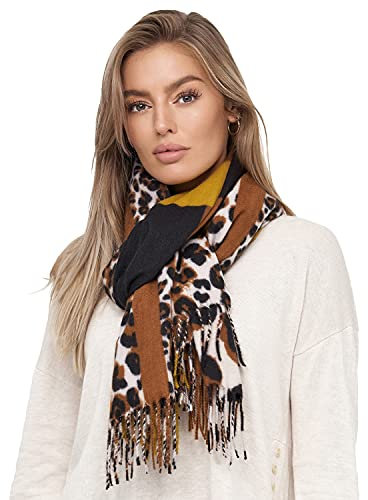Glamexx24 Damen XXL Schal Kuscheliger warmer Leoparden Muster 3 farbiger Fransen Poncho Schal Oversized Deckenschal