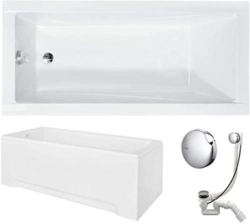 VBChome Vasca da bagno in acrilico, 170 x 70 cm, set di grembiule, sifone in acrilico, rettangolare, colore bianco, design moderno, piedini per vasca da bagno, scarico cromato