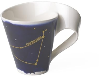 Villeroy und Boch - NewWave Stars Becher mit Henkel, formschöne Tasse mit Steinbock-Motiv, Premium Porzellan, spülmaschinengeeignet, weiß/blau, 300 ml