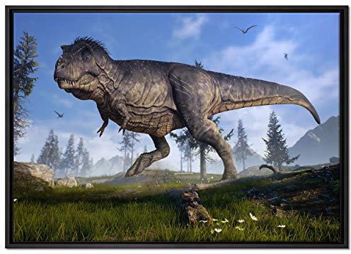 Pixxprint T-Rex Dinosaurier in der Natur Leinwandbild 100x70 cm im Bilderahmen, Wandbild, Schattenfugenrahmen, Kein Poster