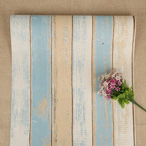 FENTIS Papier Peint en Bois Auto-Adhésif Brun-Bleu à Rayures en Bois Une Fiche de Contact Papier Peint Amovible Pour Cuisine Porte Armoire Bar Comptoir Chambre 44.5x1000cm