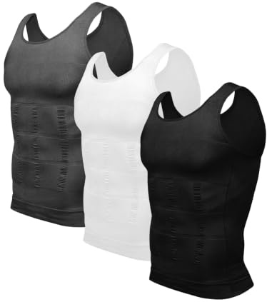 Odoland 3 Packs Men's Body Shaper Base Layer Shirt, Tummy Waist Shirt, Compression Base Layer Muscle Shape wear for Men, Grey/Black/White, XL