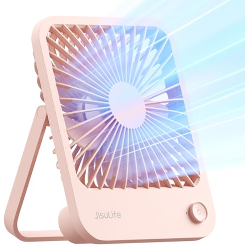 JISULIFE Mini Ventilador de Mesa, Lleva Batería Recargable de 4500 mAh, Ventilador Portátil Plegable de 180 °, 4 Velocidades del Viento Ajustable, Potente y Silencioso-Rosa