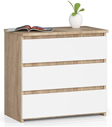 AKORD Commode CL-3 avec 3 tiroirs | Commode Classique pour La Chambre, Salon | Meuble de Rangement | L60 x H57 x P35 cm | Poids 26 kg | Chêne Sonoma/Blanc