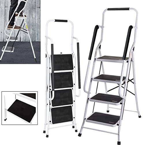 Escabeau Pliable à 4 Marches Antidérapant, Marchepied Pliant Portable avec Poignée, Echelle Domestique Pliable en Metal avec Barre de Sécurité, Pieds antiglisses, Charge 150 kg (4 Marches)