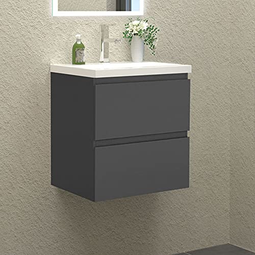 HAPAOSO Waschbecken mit Unterschrank Badezimmer 50 cm Breit Badmöbel Set mit Waschbecken und 2 Soft-Close Schubladen Waschtisch Unterschrank Grau für Badezimmer Hängend