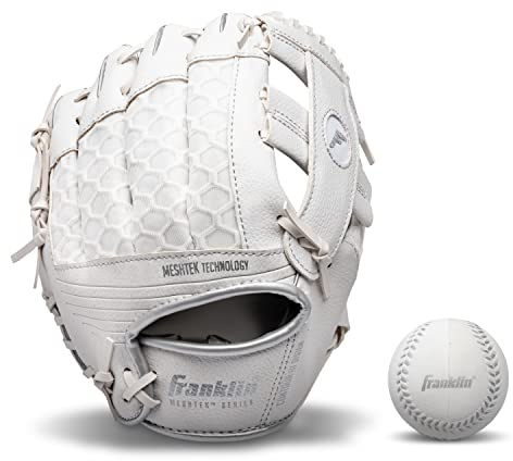 Franklin Sports Gants de baseball pour enfants - Gants de Tball Meshtek pour enfants + ensemble de balles de thé - Ensemble de balles de thé pour garçons et filles - Pour enfants - 9,5 - Blanc/chromé