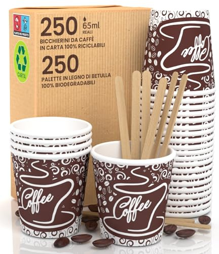 250 Tazas, Copas Desechables de Papel para Café de 65 ml, Vasos Ecológicos Biodegradables y Desechables, Pequeños, para Bebidas Calientes + 250 Paletas de Madera de Abedul