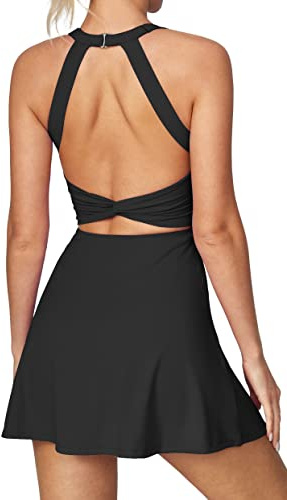 Heathyoga Tennis Dress with Built in Shorts and Bra Athletic Dress for Women Summer Cut Out Twisted Golf Workout Dress Black