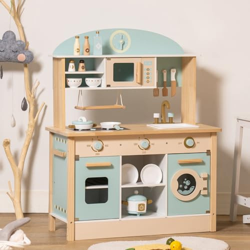 ROBOTIME Ensemble de Cuisine en Bois pour Enfants, Jeu de Simulation pour Filles, garçons avec Four à Micro-Ondes, Horloge, Porte-Serviettes, Jouets de Cuisine pour Tout-Petits de 3 à 10 Ans (Bleu)