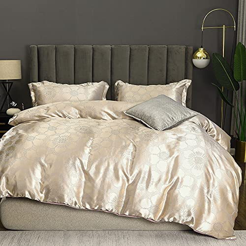 Freyamy Housse de Couette Satin 220x240 Jacquard Satin Brodé Parure de lit Adulte 2 Personnes avec Fermeture Éclair Sets de Housse Couette en Satin de Soie Brillante avec 2 Taie d'oreiller 65 x 65