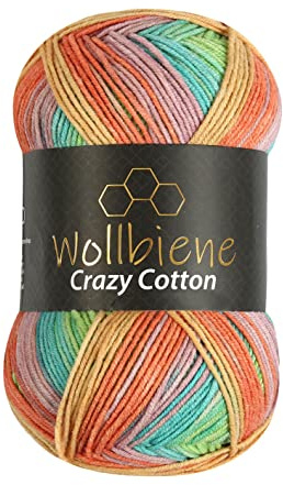 Wollbiene Crazy Cotton Batik 100 Gramm mit Farbverlauf 55% Baumwolle mehrfarbig Multicolor Strickwolle Häkelwolle Wolle Ganzjahreswolle (6010 orange grün mint)