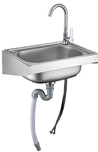 Montaggio A Parete Lavandino Da Esterno，Lavandino Autoportante,Lavello Utilità Acciaio Inossidabile Con Rubinetto, Lavatoio Da Giardino Campeggio ，Uso Per Garage E Cortile,Ristorante,Lavanderia ( Colo